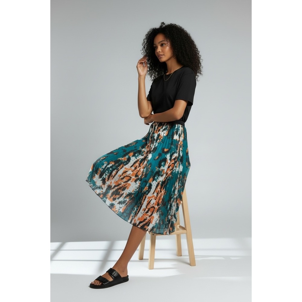 Kosmios Women Teal Orange Abstract Digital Print Pleated Midi Skirt TC5226 Large